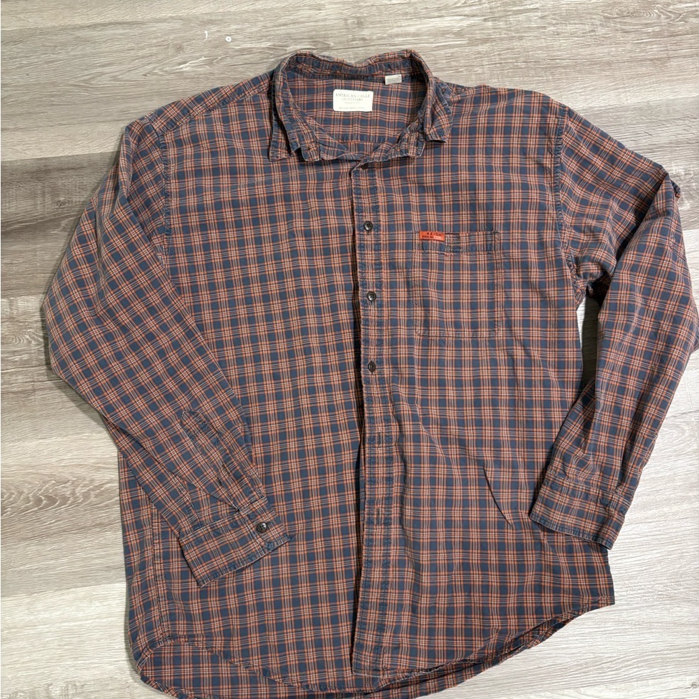 American Eagle Outfitters Navy and Orange Checkered Shirt